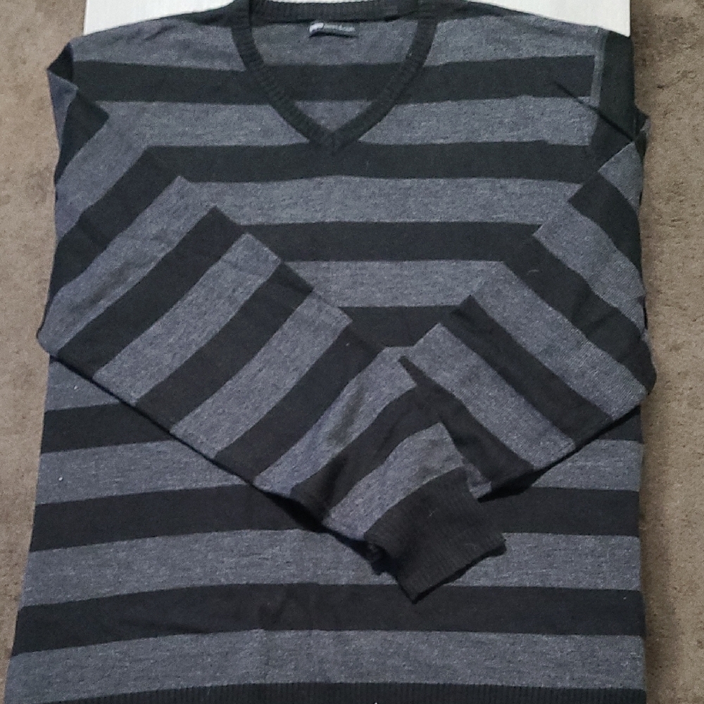 Men's Striped V-Neck Sweater - Black and Gray